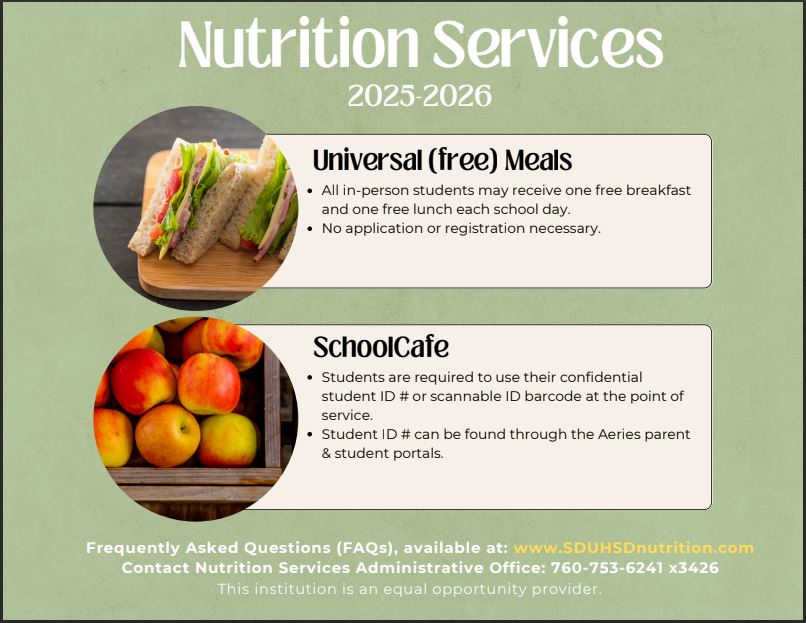 Nutrition Services: Universal Free Meals and Student ID required