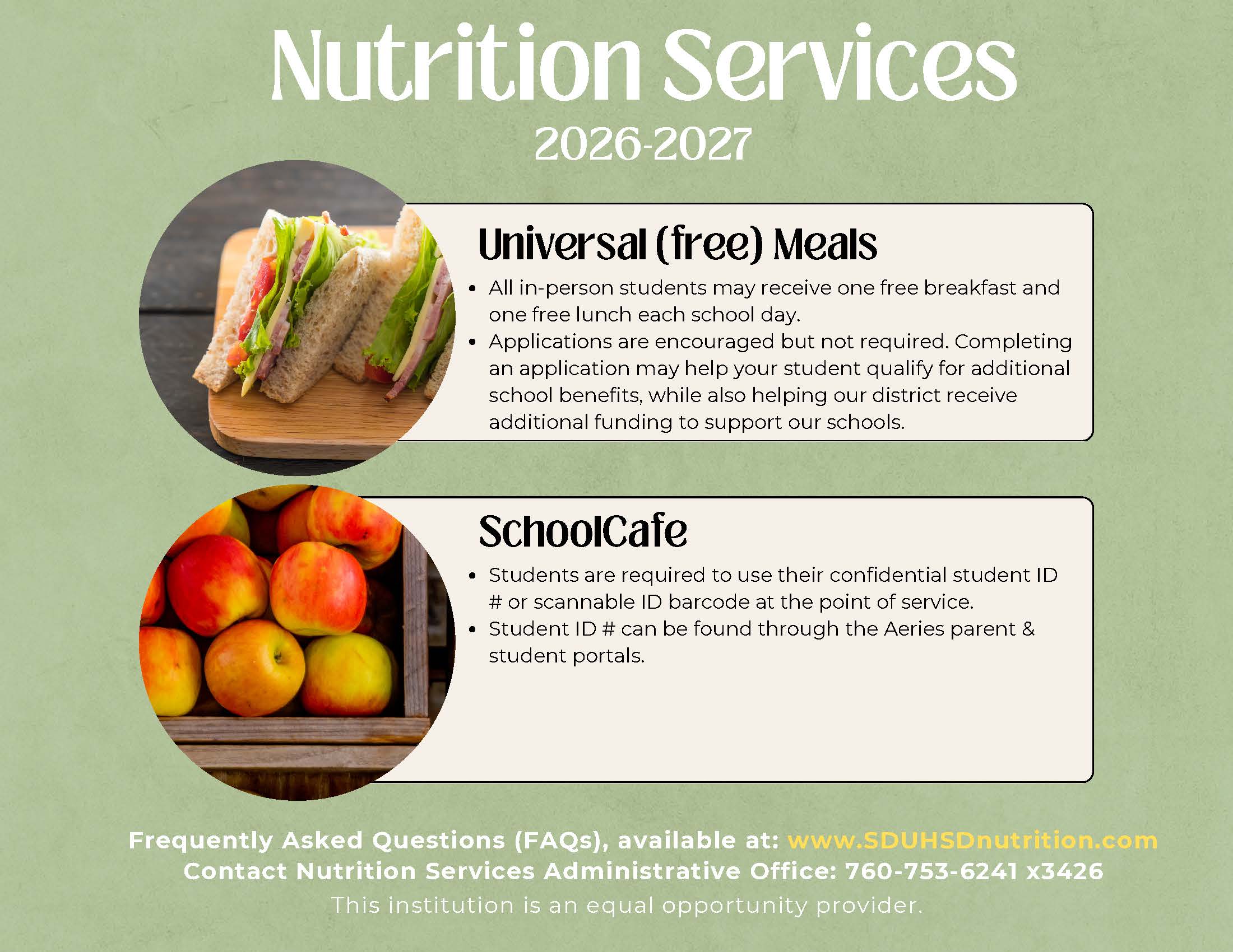 Nutrition Services: Universal Free Meals and Student ID required